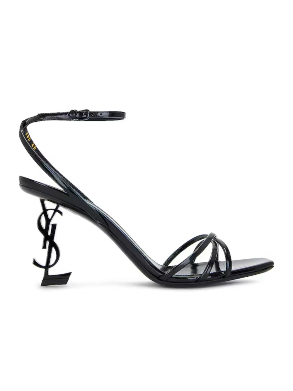 Saint Laurent Black Patent YSL Logo Heel Strappy Sandals